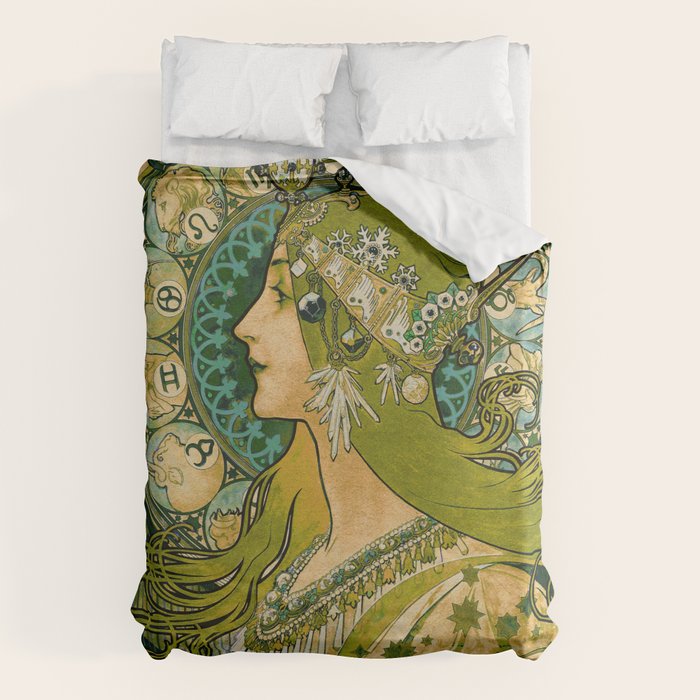 Emerald Green Vintage Astrology Poster | Alphonse Mucha  Duvet Cover Gallery Image 6