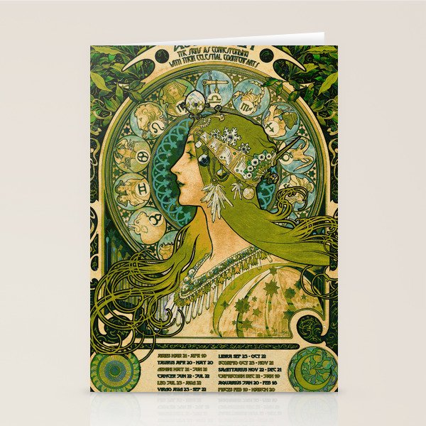 Emerald Green Vintage Astrology Poster | Alphonse Mucha  Stationery Card Gallery Image 2
