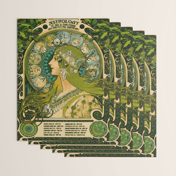 Emerald Green Vintage Astrology Poster | Alphonse Mucha  Wrapping Paper Gallery Image 3