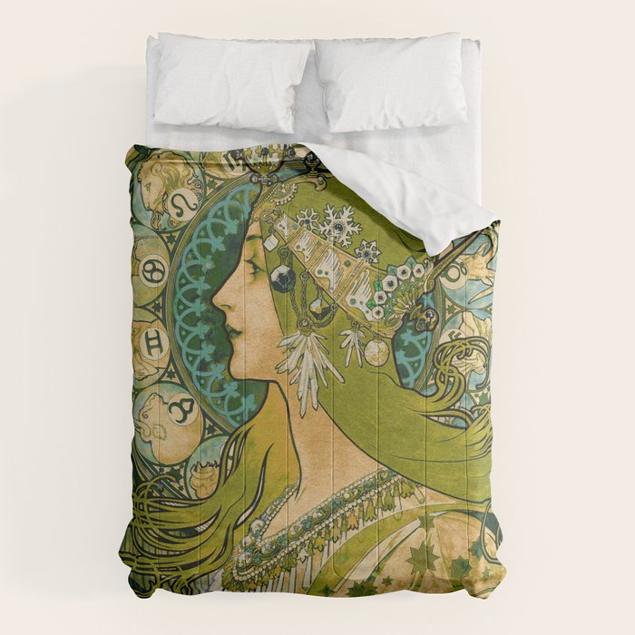 Emerald Green Vintage Astrology Poster | Alphonse Mucha  Comforter Gallery Image 6