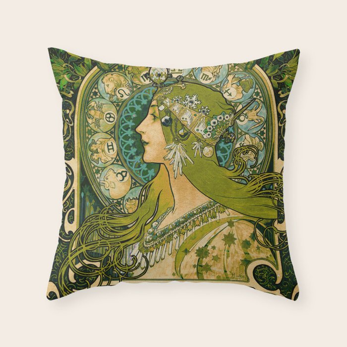 Emerald Green Vintage Astrology Poster | Alphonse Mucha  Throw Pillow Gallery Image 6