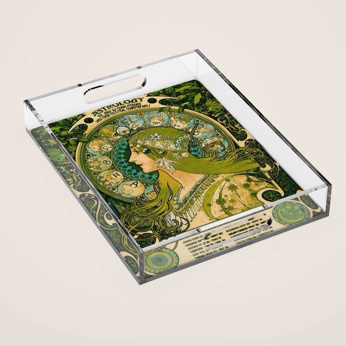 Emerald Green Vintage Astrology Poster | Alphonse Mucha  Acrylic Tray Gallery Image 1