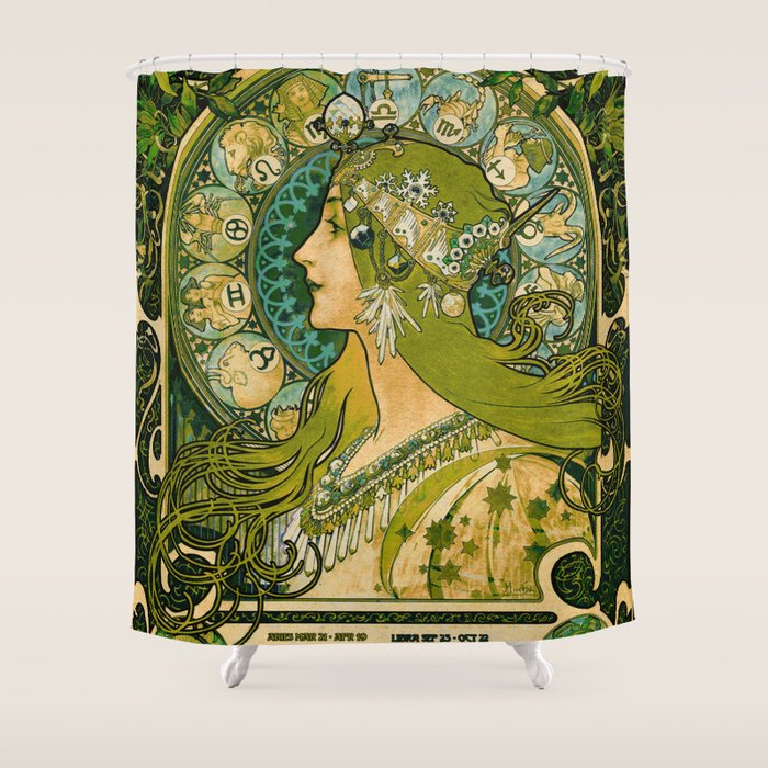 Emerald Green Vintage Astrology Poster | Alphonse Mucha  Shower Curtain Gallery Image 1