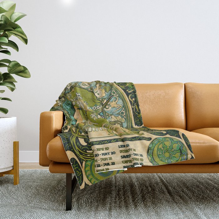 Emerald Green Vintage Astrology Poster | Alphonse Mucha  Throw Blanket Gallery Image 1