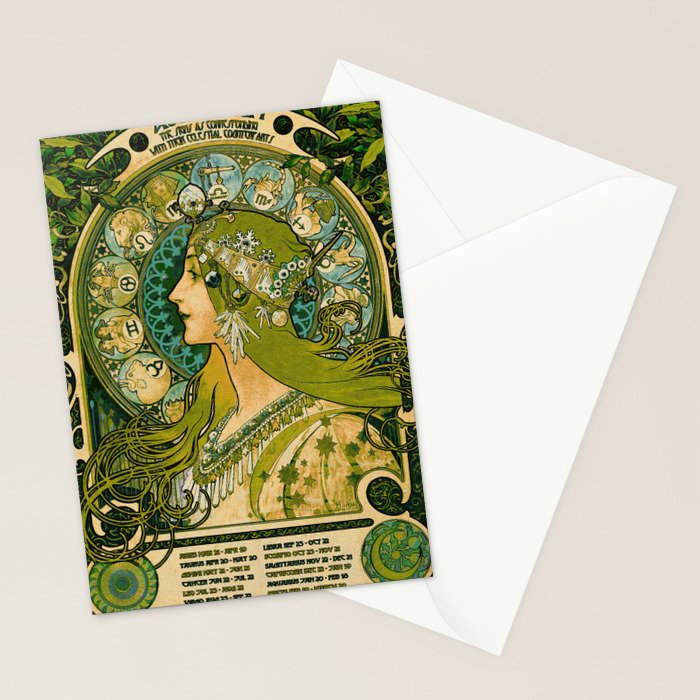 Emerald Green Vintage Astrology Poster | Alphonse Mucha  Stationery Card Gallery Image 2