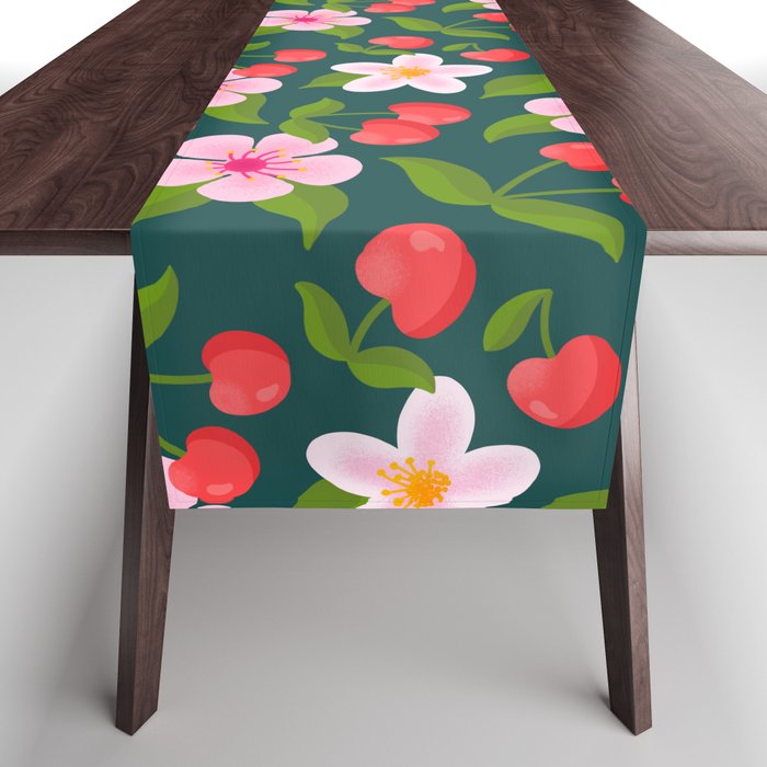 Cherry Pattern on Dark Teal Table Runner Gallery Image 1