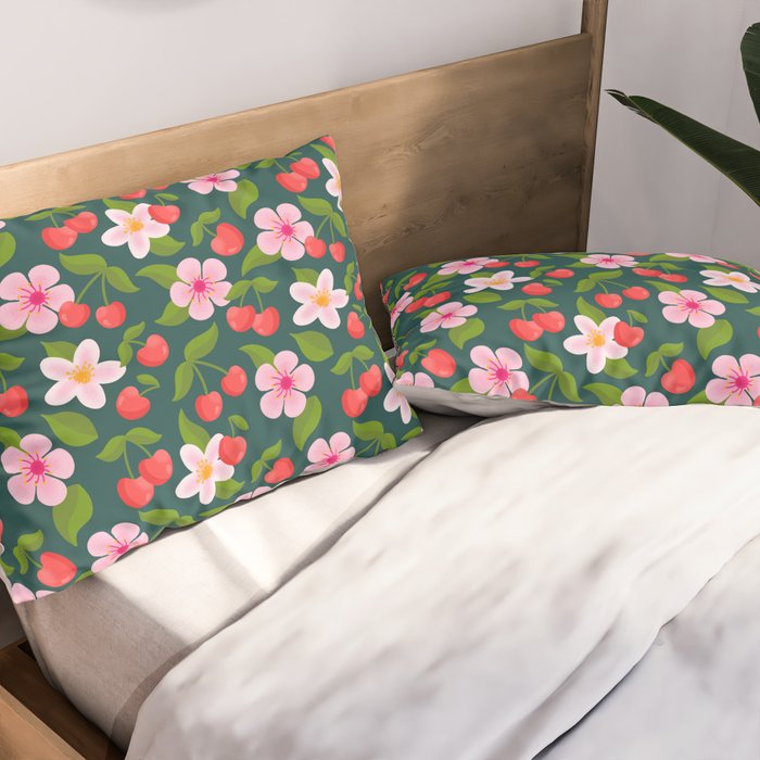 Cherry Pattern on Dark Teal Pillow Sham Gallery Image 2