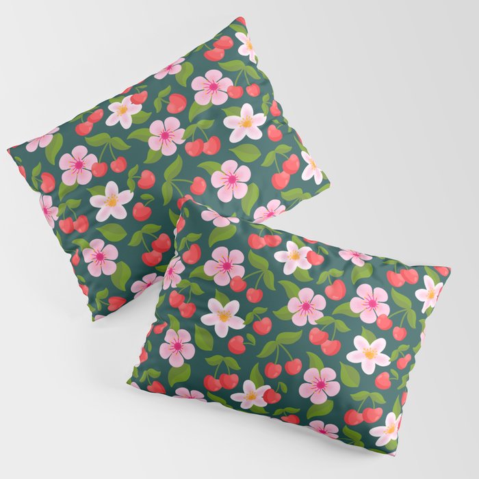 Cherry Pattern on Dark Teal Pillow Sham Gallery Image 3