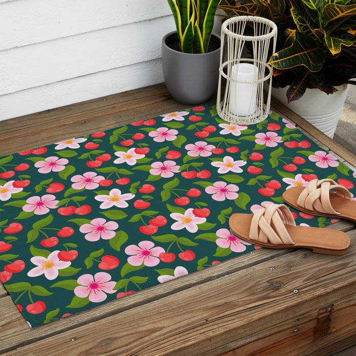 Cherry Pattern on Dark Teal Outdoor Rug Gallery Image 2