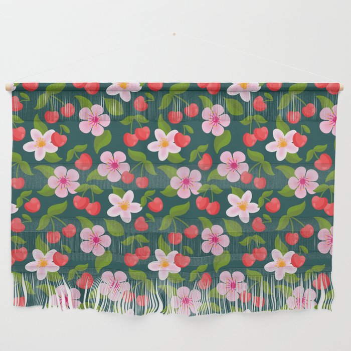 Cherry Pattern on Dark Teal Wall Hanging Gallery Image 1