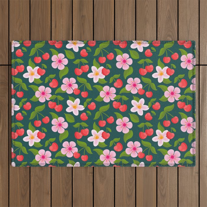 Cherry Pattern on Dark Teal Outdoor Rug Gallery Image 1