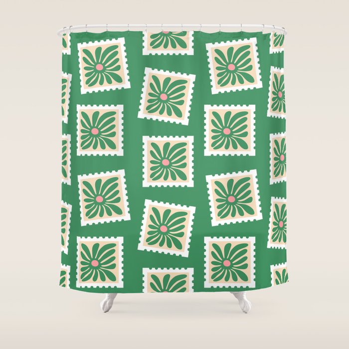 Vintage flower postage stamp pattern Shower Curtain Gallery Image 1