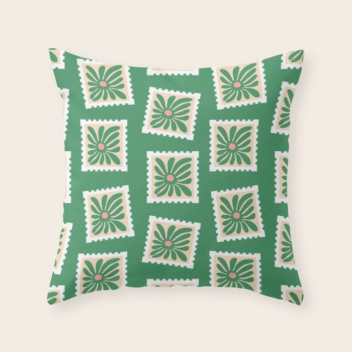 Vintage flower postage stamp pattern Throw Pillow Gallery Image 1