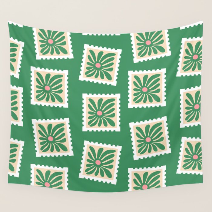Vintage flower postage stamp pattern Wall Tapestry Gallery Image 1