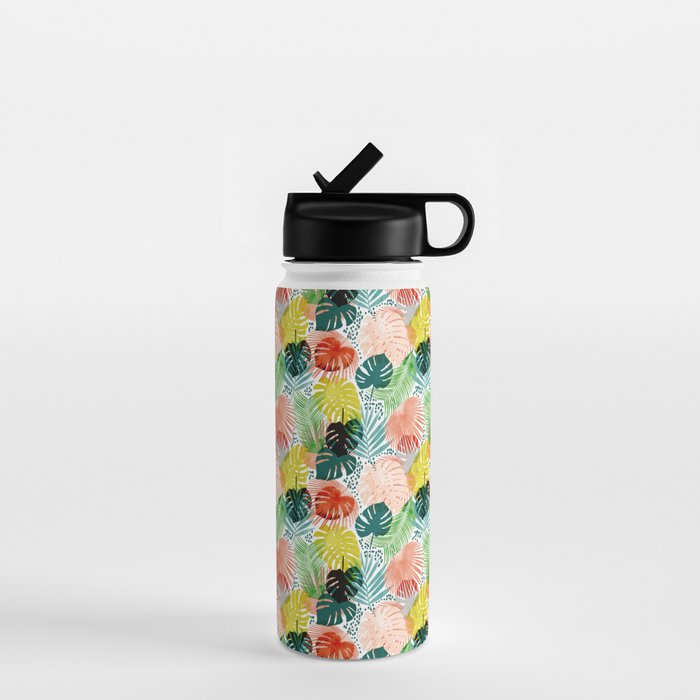 Tropical Garden, Botanical Colorful Jungle Watercolor Painting, Monstera Palm Nature Blush Bohemian Water Bottle Gallery Image 1