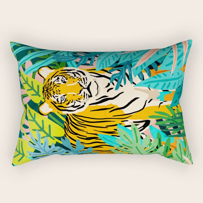 Only 3890 Tigers Left, Wildlife Vibrant Tiger Painting, Jungle Nature Colorful Illustration Rectangular Pillow Gallery Image 1