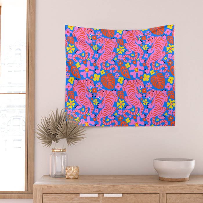 Pink Tigers and Flowers Wall Tapestry Gallery Image 2