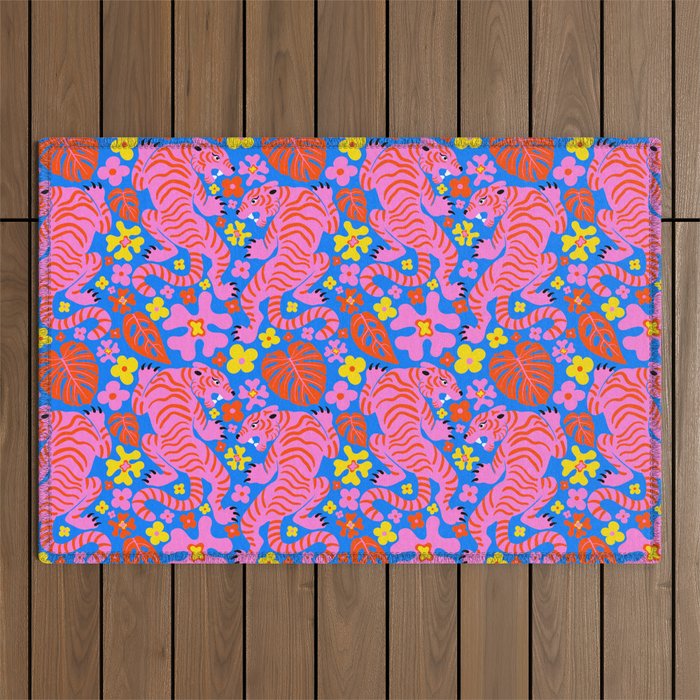 Pink Tigers and Flowers Outdoor Rug Gallery Image 1