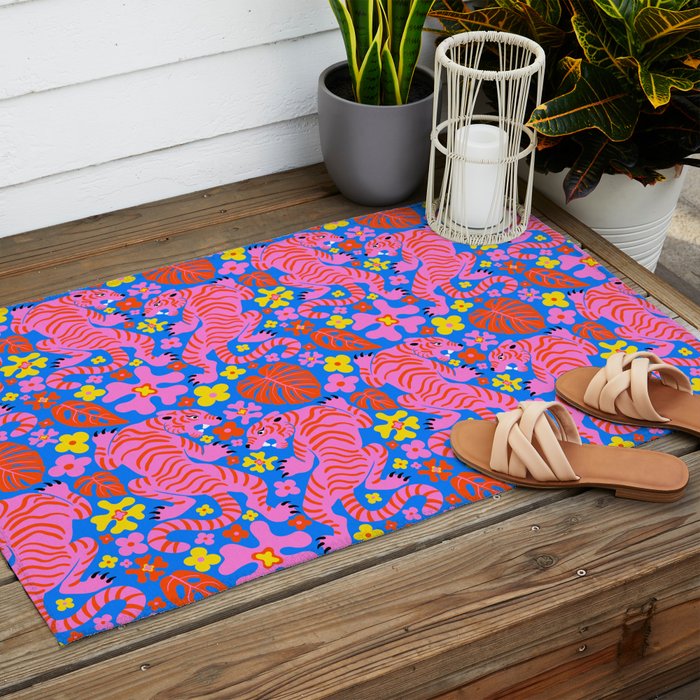 Pink Tigers and Flowers Outdoor Rug Gallery Image 2