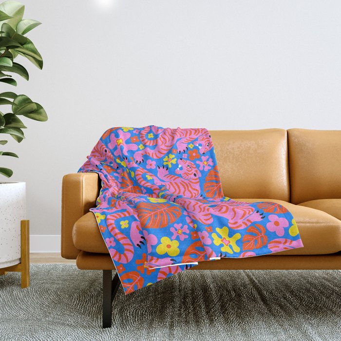 Pink Tigers and Flowers Throw Blanket Gallery Image 1