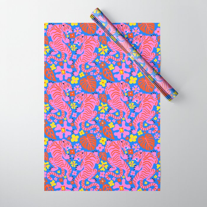 Pink Tigers and Flowers Wrapping Paper Gallery Image 1