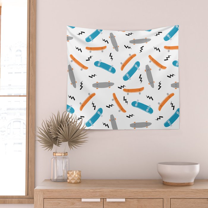 Skateboards orange and blue pattern great decor for nursery kids rooms boys and girls Wall Tapestry Gallery Image 2