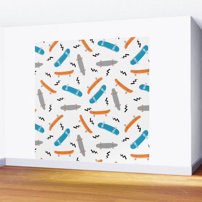Skateboards orange and blue pattern great decor for nursery kids rooms boys and girls Wall Mural Gallery Image 2