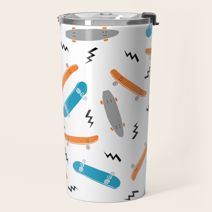 Skateboards orange and blue pattern great decor for nursery kids rooms boys and girls Travel Mug Gallery Image 2
