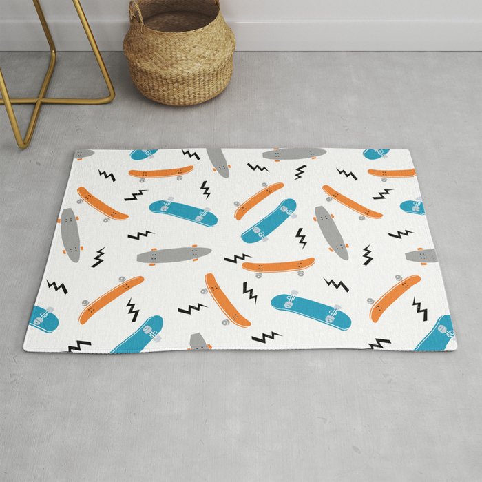 Skateboards orange and blue pattern great decor for nursery kids rooms boys and girls Rug Gallery Image 1