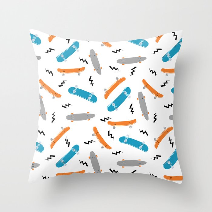 Skateboards orange and blue pattern great decor for nursery kids rooms boys and girls Throw Pillow Gallery Image 6