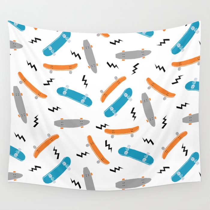 Skateboards orange and blue pattern great decor for nursery kids rooms boys and girls Wall Tapestry Gallery Image 4
