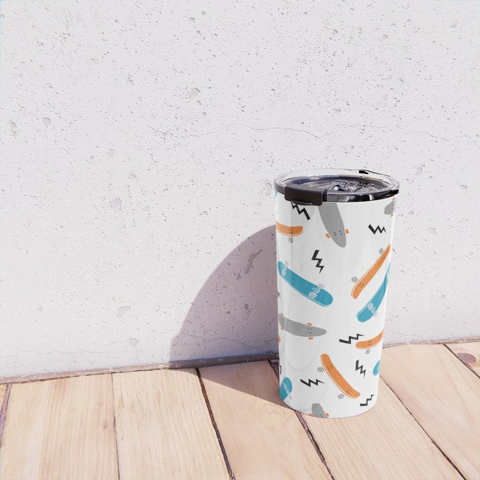 Skateboards orange and blue pattern great decor for nursery kids rooms boys and girls Travel Mug Gallery Image 4