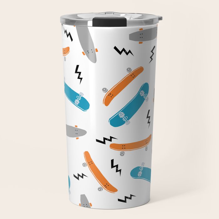 Skateboards orange and blue pattern great decor for nursery kids rooms boys and girls Travel Mug Gallery Image 1