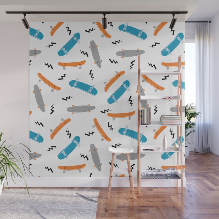 Skateboards orange and blue pattern great decor for nursery kids rooms boys and girls Wall Mural Gallery Image 1