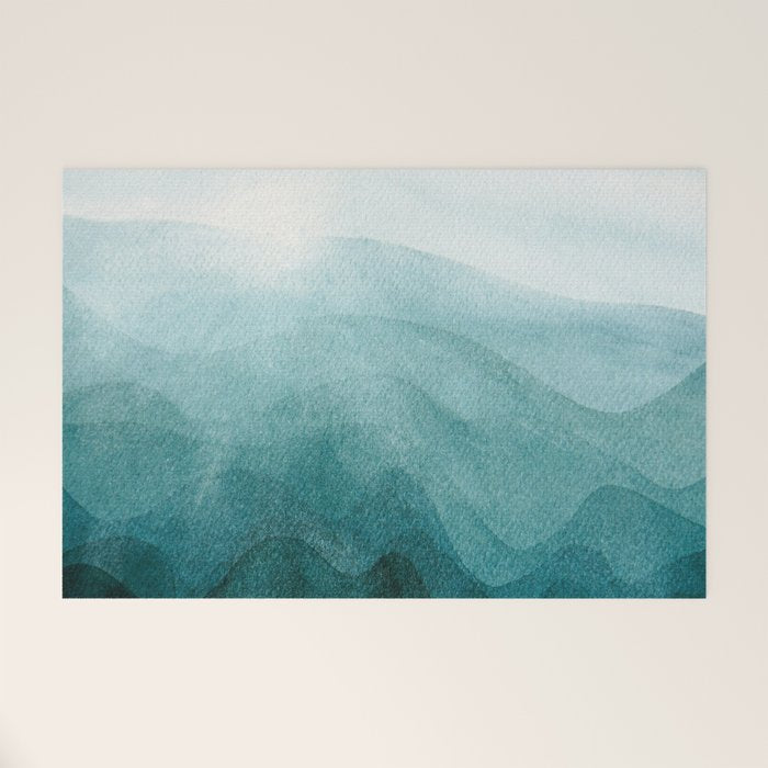 Sunrise in the mountains, dawn, teal, abstract watercolor Welcome Mat Gallery Image 1