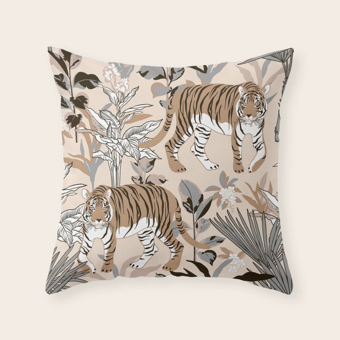 animalistic seamless pattern with tigers in the jungle Throw Pillow Gallery Image 1