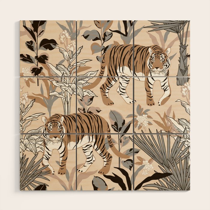 animalistic seamless pattern with tigers in the jungle Wood Wall Art Gallery Image 1