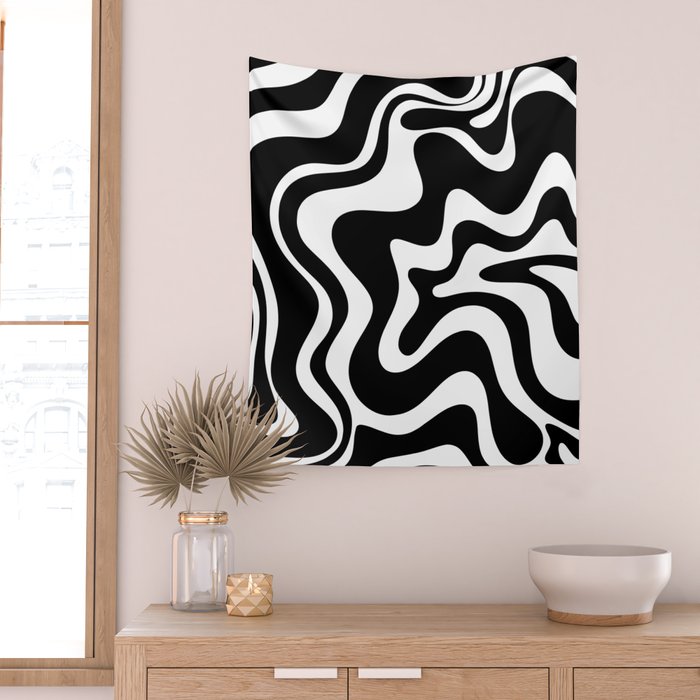 Liquid Swirl Abstract Pattern in Black and White Wall Tapestry Gallery Image 2