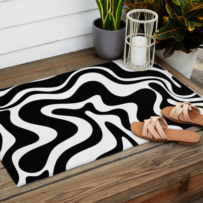 Liquid Swirl Abstract Pattern in Black and White Outdoor Rug Gallery Image 2