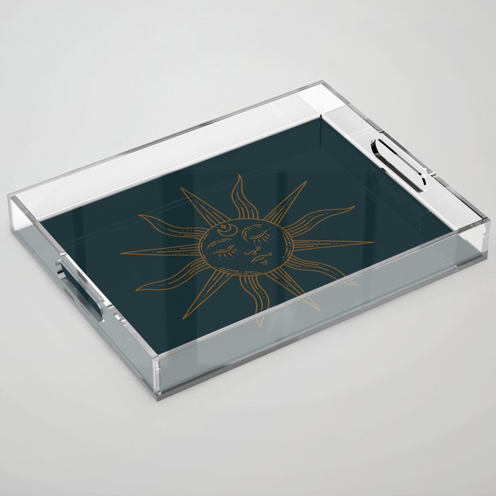 Boho Sun Drawing XXI Dark Teal Acrylic Tray Gallery Image 1