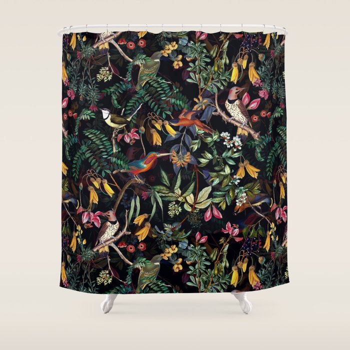 Vintage Jungle Birds Night Garden Shower Curtain Gallery Image 1