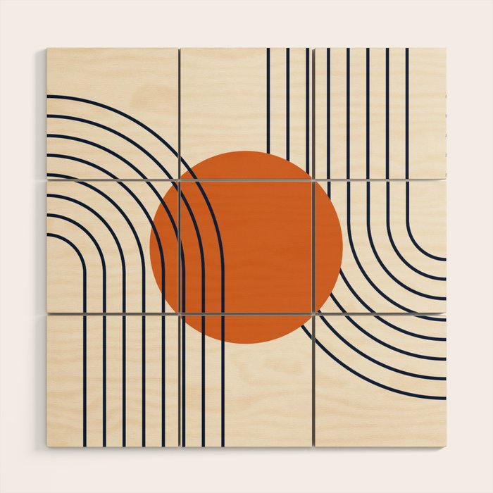 Geometric Lines in Navy Blue Orange 1 (Rainbow Abstraction) Wood Wall Art Gallery Image 1