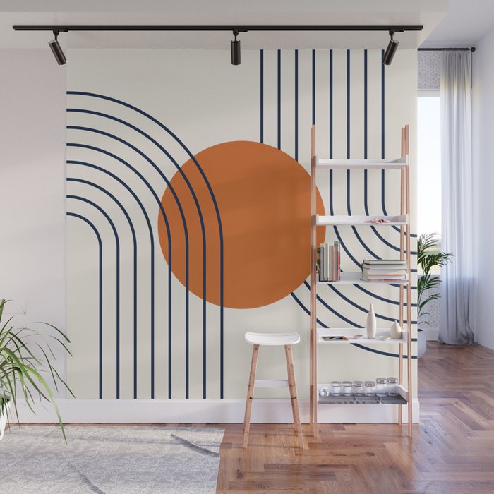 Geometric Lines in Navy Blue Orange 1 (Rainbow Abstraction) Wall Mural Gallery Image 1