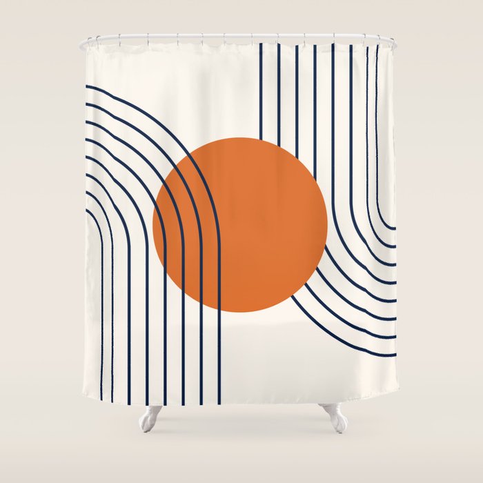 Geometric Lines in Navy Blue Orange 1 (Rainbow Abstraction) Shower Curtain Gallery Image 1