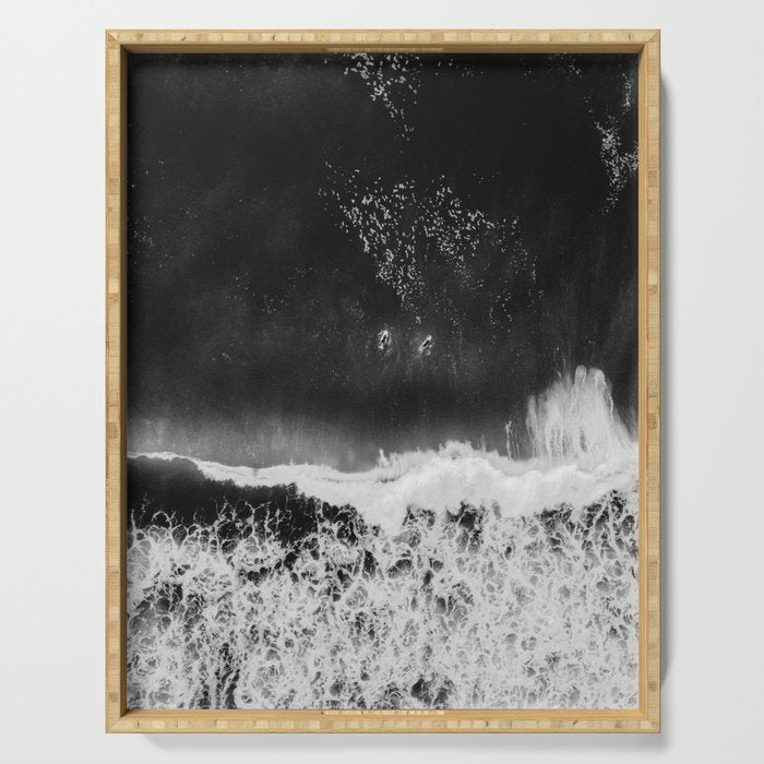 Surfer girls from above in Ericeira Portugal | Ocean wanderlust photography black and white print Serving Tray Gallery Image 1