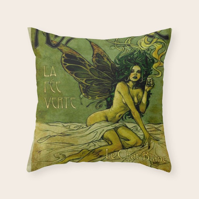Vintage Parisian Green Fairy Absinthe Alcoholic Aperitif Advertisement Poster Throw Pillow Gallery Image 1