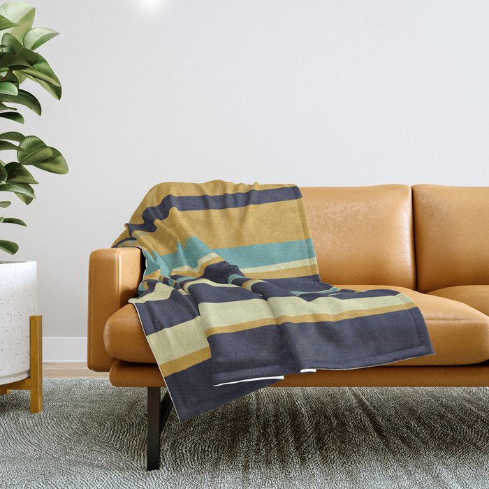 Stripes Abstract, Yellow, Teal, Navy Blue Throw Blanket Gallery Image 1