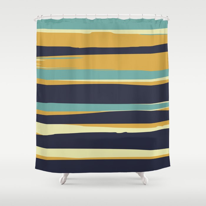 Stripes Abstract, Yellow, Teal, Navy Blue Shower Curtain Gallery Image 1