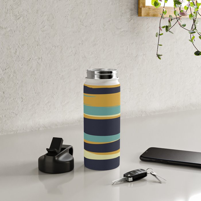 Stripes Abstract, Yellow, Teal, Navy Blue Water Bottle Gallery Image 4