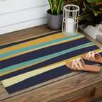 Stripes Abstract, Yellow, Teal, Navy Blue Outdoor Rug Gallery Image 2